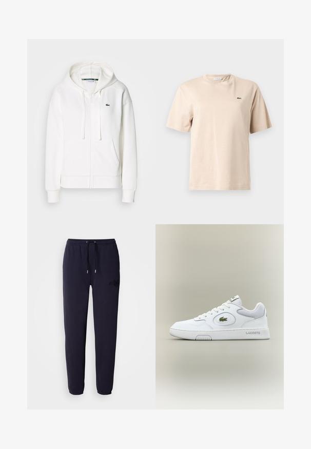 Witte zip-up hoodie gemaakt van zachte stof, met een capuchon, kangoeroezakken en een klein groen Lacoste-logo op de linkerborst.; Beige katoenen T-shirt met een ronde hals, korte mouwen en een klein groen geborduurd krokodillenlogo op de linkerborst.; Navyblauwe trainingsbroek van zacht materiaal, met een elastische tailleband met een trekkoord en een geborduurd logo op één been.; Witte leren sneaker met gaasaccenten, ronde neus en platte veters. Kenmerkt zich door een groen krokodillenlogo en "LACOSTE" branding op de hiel.
