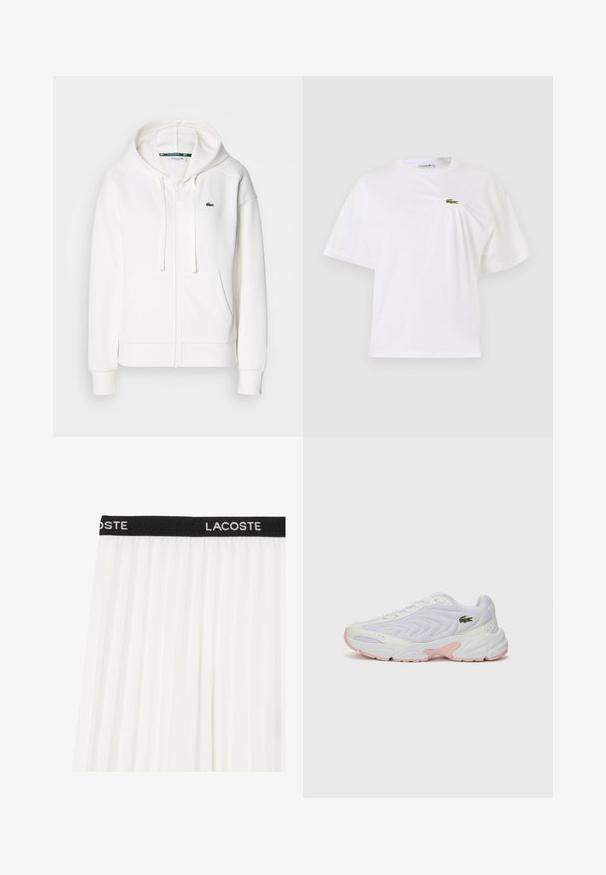 Valkoinen vetoketjuhuppari, joka on valmistettu pehmeästä kankaasta. Tässä hupparissa on huppu, kengurupocketit ja pieni vihreä Lacosten logo vasemmalla rinnalla.; Valkoinen puuvillateepaita, jossa on rento istuvuus, ja joka sisältää pienen vihreän brodeeratun logon rinnassa. Lyhyet hihat ja pyöreä kaula-aukko.; Valkoinen laskostettu hame, jossa on musta vyötärönauha, johon on brodeerattu valkoisella "LACOSTE". Kevyt, liikkuva kangas, jolla on sileä pinta.; Valkoiset urheilusukkapohjat, joissa on teksturoitu verkkopinta, hillityt vaaleanpunaiset korostukset pohjassa ja vihreä krokotiililogo sivulla.