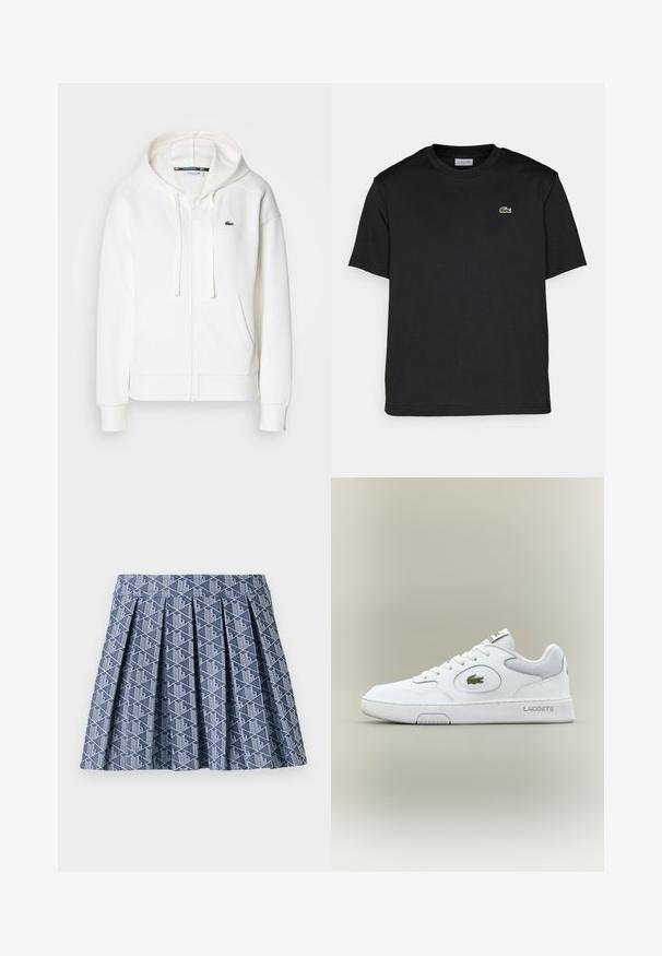 Fehér cipzáras kapucnis pulóver, puha anyagból, kapucnival, kenguru zsebekkel és egy kis zöld Lacoste logóval a bal mellen.; Fekete pamut póló kerek nyakkal, rövid ujjal és egy apró zöld hímzett logóval a bal mellrészen. Egyszerű dizájn.; Kék, pliszírozott szoknya geometrikus fehér mintával. Texturált anyagból készült, fitted derékkal és réteges kialakítással.; Fehér bőr sneaker hálós részletekkel, kerek orral és lapos fűzőkkel. Zöld krokodil logóval és "LACOSTE" felirattal a saroknál.