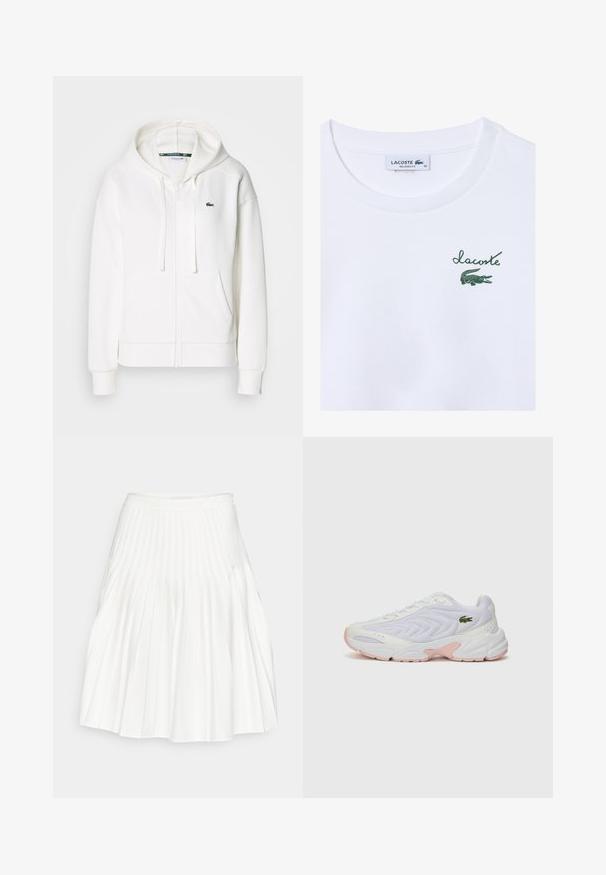 Hvit zip-genser laget av myk stoff, med hette, kenguru-lommer og en liten grønn Lacoste-logo på venstre bryst.; Hvit bomull T-skjorte med en avslappet passform; har grønn "Lacoste" logo og krokodillegrafikk på venstre brystområde.; Hvit plisserte skjørt med en glatt linning, flytende stoff og vertikale folder som skaper tekstur og fylde.; Hvite joggesko med et teksturert mesh-overdel, subtile rosa detaljer på sålen, og en grønn krokodillelogo på siden.