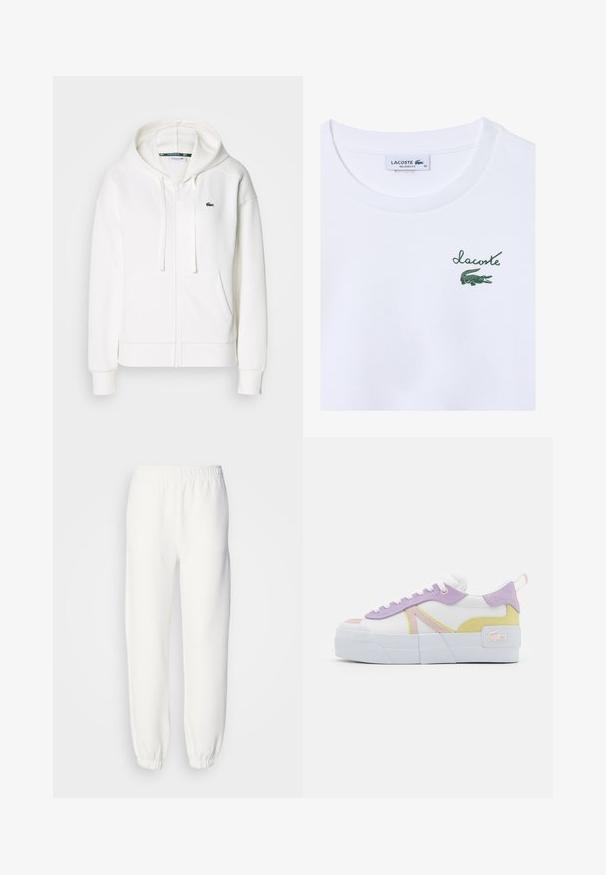 Biała bluza z kapturem na zamek, wykonana z miękkiego materiału, z kapturem, kieszeniami typu kangur i małym zielonym logo Lacoste na lewym piersi.; Biała koszulka z bawełny o luźnym kroju; z zielonym logo "Lacoste" i grafiką krokodyla na lewej klatce piersiowej.; Białe dresy ze softshelowego materiału, z elastycznym pasem i mankietami, które zapewniają luźny krój. Minimalistyczny design, bez widocznych wzorów czy akcentów.; Białe sneakersy z lawendowymi, różowymi i żółtymi akcentami z zamszu, grubą białą platformą oraz naszywką z logo z boku.