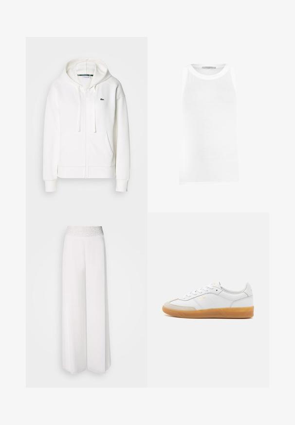 Veste à zip blanche en tissu doux, dotée d'une capuche, de poches kangourou et d'un petit logo vert Lacoste sur la poitrine gauche.; Débardeur blanc sans manches en tissu côtelé, doté d'un col rond et de bords sans coutures pour un ajustement doux.; Pantalons larges blancs avec une taille texturée argentée, présentant un tissu lisse et un design fluide. Conviennent à diverses occasions.; Baskets en cuir blanc avec des accents en suédine beige, semelle en caoutchouc gomme et design à lacets. Présente un logo discret en doré.