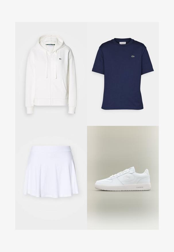 Sweatshirt branca com fecho éclair, feita de um tecido macio, com capuz, bolsos tipo canguru e um pequeno logótipo verde da Lacoste no lado esquerdo do peito.; T-shirt de manga curta azul marinho feito de algodão, com decote redondo e um pequeno logo verde da Lacoste no lado esquerdo do peito.; Saia de skatista branca, feita de um tecido macio e elástico, com uma cintura larga. Apresenta um design evasê e uma bainha suave.; Sapatilha branca em couro com um acabamento suave, bico redondo, design de atacadores e um logo em relevo discreto na lateral. Apresenta uma sola de borracha.