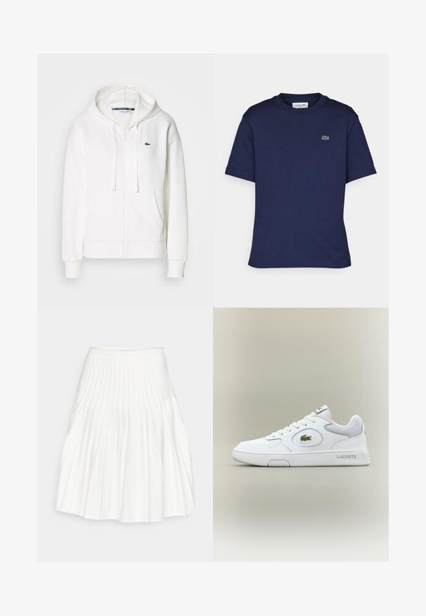 Witte zip-up hoodie gemaakt van zachte stof, met een capuchon, kangoeroezakken en een klein groen Lacoste-logo op de linkerborst.; Korte mouwen marineblauwe t-shirt van katoen, met een ronde hals en een klein groen Lacoste-logo op de linkerkant van de borst.; Witte geplooide rok met een gladde tailleband, vloeiende stof en verticale plooien die textuur en volume creëren.; Witte leren sneaker met gaasaccenten, ronde neus en platte veters. Kenmerkt zich door een groen krokodillenlogo en "LACOSTE" branding op de hiel.