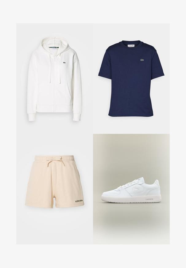 Valge lukuga kapuutsiga dressipluus, mis on valmistatud pehmest kangast. Sellel on kapuuts, konksukotid ja vasakul rinnal väike roheline Lacoste logo.; Lühikese varrukaga tume sinine puuvillane t-särk, millel on ümardatud kaelus ja väike roheline Lacoste logo vasakul rinnal.; Beige lühikesed püksid pehmest kangast, millel on elastne vöökoht ja pael, ning väike roheline logo vasakul all nurgas.; Valge nahkne tennisekeng sujuva viimistlusega, ümmargune nina, paeltega disain ja peene leebelt reljeefne logo külgedel. Varustatud kummist tallaga.