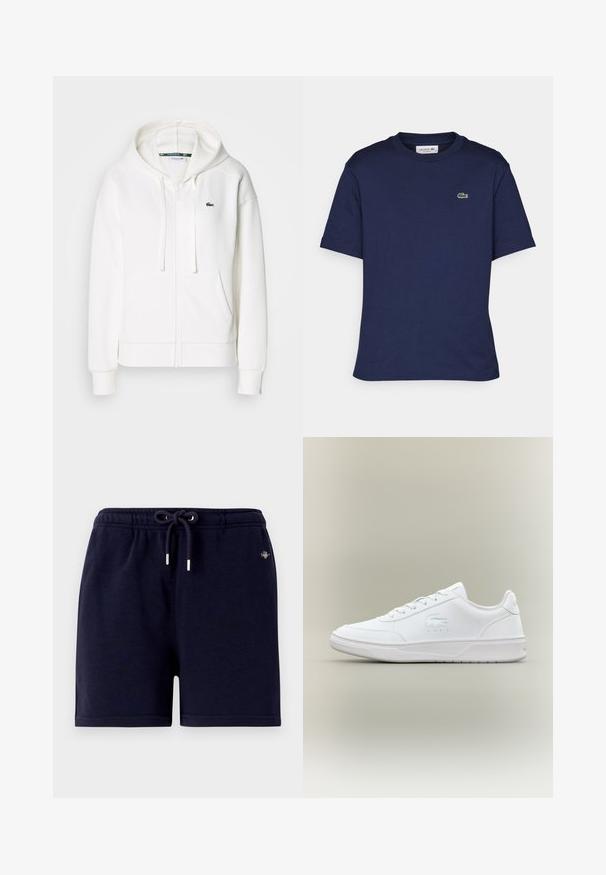 White zip-up hoodie made of soft fabric, featuring a hood, kangaroo pockets, and a small green Lacoste logo on the left chest.; Short-sleeve navy blue t-shirt made of cotton, featuring a crew neck and a small green Lacoste logo on the left chest.; Navy blue cotton shorts with an elastic waistband, drawstring ties, and silver metal detailing. Simple design, no visible patterns.; White sneaker featuring smooth material, rounded toe, lace-up design, subtle logo detail on the side, and textured sole.