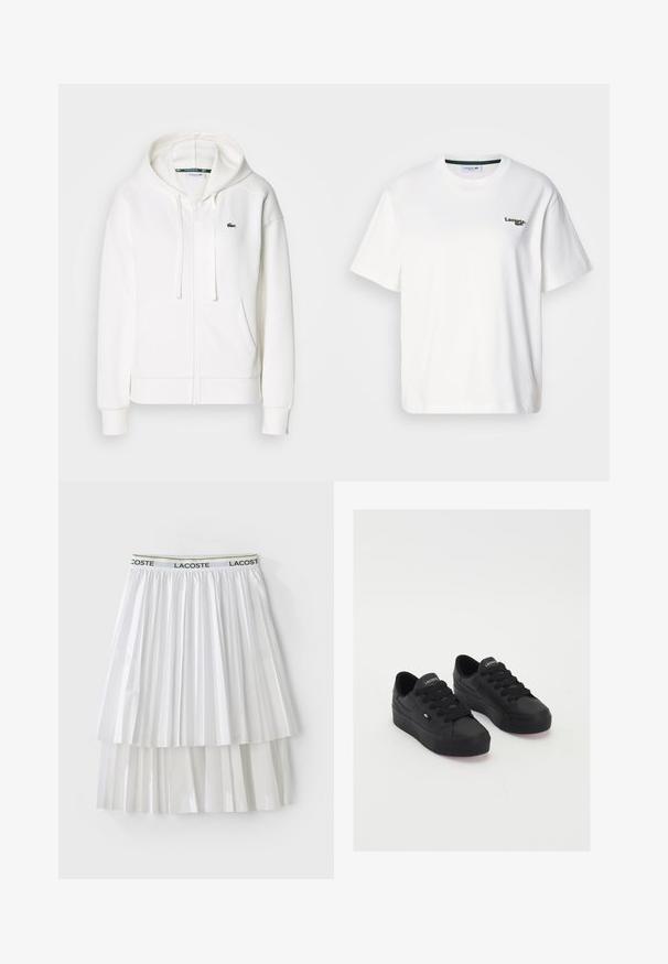 Sudadera blanca con cremallera hecha de tela suave, que cuenta con una capucha, bolsillos tipo canguro y un pequeño logo verde de Lacoste en el lado izquierdo del pecho.; Camiseta de algodón blanca con un corte relajado, que presenta un logotipo bordado en verde en el lado izquierdo del pecho y un cuello redondo. Textura suave.; Falda blanca con pliegues y un diseño texturizado, que presenta una cinturilla elástica con logotipo. El material tiene un acabado suave con segmentos en capas.; Zapatillas bajas negras de material suave, con cordones gruesos, una suela texturizada y un pequeño logo en el lateral y la lengüeta.