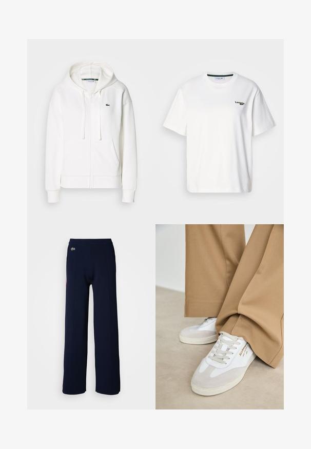 Weißer Reißverschluss-Hoodie aus weichem Stoff, mit Kapuze, Kängurutaschen und einem kleinen grünen Lacoste-Logo auf der linken Brust.; Weißes Baumwoll-T-Shirt mit entspannter Passform, ausgestattet mit einem grünen gestickten Logo auf der linken Brust und einem Rundhalsausschnitt. Glatte Textur.; Marineblaue weit geschnittene Hosen mit weicher Textur, ausgestattet mit einem gerippten Bund und einem kleinen grünen Logo auf der Vorderseite, das ein sauberes Design hervorhebt.; Weiße Sneakers mit Wildlederakzenten, strukturierten Schnürsenkeln und einer Gummisohle. Kombiniert mit lockeren, sandfarbenen Hosen. Logo an der Seite angebracht.
