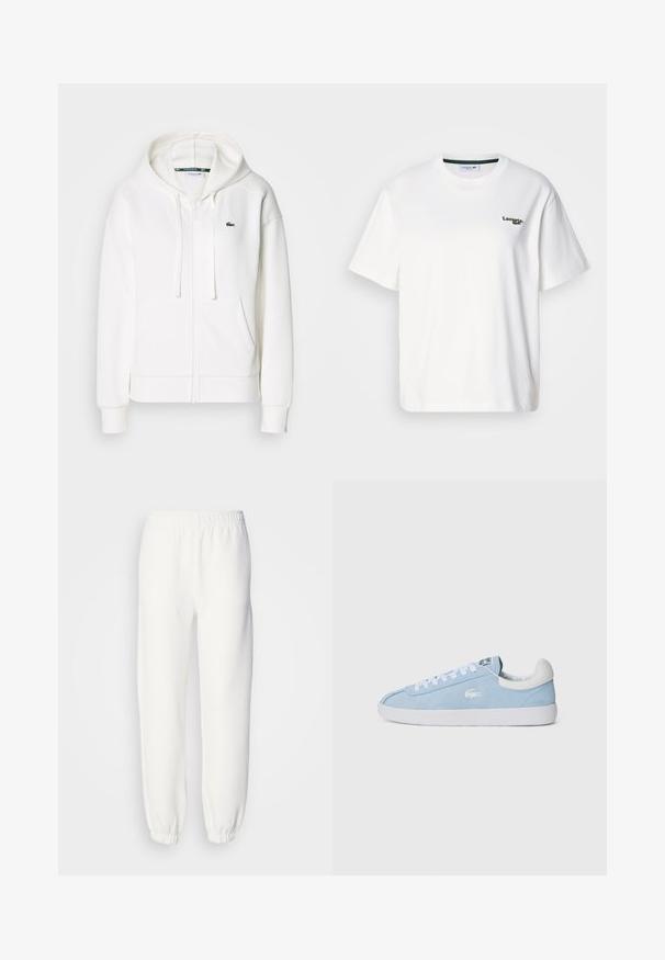 Bílá mikina na zip vyrobená z měkké látky, s kapucí, klokankovými kapsami a malým zeleným logem Lacoste na levé straně hrudi.; Bílá bavlněná tričko s volným střihem, ozdobené zeleným vyšitým logem na levé hrudi a kulatým výstřihem. Hladká textura.; Bílé tepláky vyrobené z měkké pleteniny. Elastický pás a manžety zajišťují pohodlný střih. Minimalistický design, žádné viditelné vzory nebo akcenty.; Světle modré semišové tenisky s bílými tkaničkami a gumovou podrážkou. Mají malé stříbrné logo na boku a bílý kožený výztuh s patní části.
