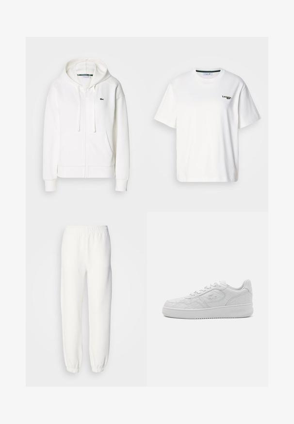 White zip-up hoodie made of soft fabric, featuring a hood, kangaroo pockets, and a small green Lacoste logo on the left chest.; White cotton t-shirt with a relaxed fit, featuring a green embroidered logo on the left chest and a round neck. Smooth texture.; White sweatpants made of soft, knitted fabric. Elastic waistband and cuffs provide a relaxed fit. Minimalist design, no visible patterns or accents.; White sneakers featuring a textured upper with geometric patterns, round toe, and a flat rubber sole. Lacoste logo embossed on the side.