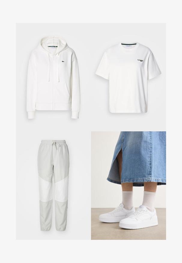 Vit zip-up hoodie gjord av mjukt tyg, med en huva, kängurufickor och en liten grön Lacoste-logga på vänster bröst.; Vit bomulls t-shirt med en avslappnad passform, med en grön broderad logotyp på vänster bröst och rund halsringning. Slät textur.; Ljusgrå sweatpants med vita diagonala paneler, elastisk midja med dragsko och elastiska muddvidder vid anklarna. Snyggt, lätt material.; Vita sneakers med strukturerad läder, med en plattformssula, rund tå och snörningssystem; i kombination med ljusgrå ankelsockor och en denimkjol.