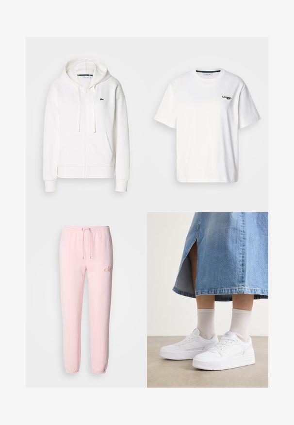 Biely zipsový mikina vyrobená z mäkkej tkaniny, s kapucňou, klokankovými vreckami a malým zeleným logom Lacoste na ľavej hrudi.; Biely bavlnený tričko s voľným strihom, s zeleným vyšitým logom na ľavej hrudi a okrúhlym výstrihom. Hladká textúra.; Svetloružové tepláky vyrobené z jemného materiálu, s elastickým pásom na šnúrku, zužujúcimi sa manžetami a diskrétnym vyšívaným logom.; Biele tenisky z textúrovanou kožou, s platformovou podrážkou, okrúhlou špičkou a šnurovaním; v kombinácii so svetlošedými členkovými ponožkami a džínsovou sukňou.
