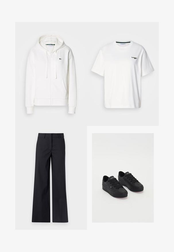 Balta užtrauktuku uždaroma hoodie pagaminta iš minkštos medžiagos, su kapišonu, kengūros kišenėmis ir mažuoju žaliuoju Lacoste logotipu kairėje krūtinės pusėje.; Baltas medvilninis marškinėliai su patogiu siluetu, kairėje krūtinės pusėje turi žalią išsiuvinėtą logotipą ir apvalų iškirpimą. Lygios tekstūros.; Juodos plačios kojų kelnės, pagamintos iš medvilnės ir sintetinio pluošto mišinio. Turi lygų priekinį kelnių kraštą, diržo kilpas ir šonines kišenes. Lygi tekstūra, pritaikyta dizaino.; Juodos žemos sportbačių iš lygios medžiagos, su storomis raištelėmis, tekstūruotu padu ir mažu logotipu ant šono bei liežuvio.