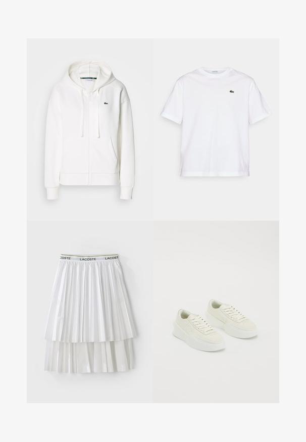 Bílá mikina na zip vyrobená z měkké látky, s kapucí, klokankovými kapsami a malým zeleným logem Lacoste na levé straně hrudi.; Bílý bavlněný tričko s kulatým výstřihem a krátkým rukávem. Na hrudi se nachází zelený vyšitý logo. Měkká textura, uvolněný střih.; Bílá skládací sukně s texturovaným vzorem, která má elastický pas s logem. Materiál má hladký povrch s vrstvami.; Bílé nízké tenisky s tlustými podešvami a tkaničkami, s perforovanými detaily po stranách a na špičce, vystavené na bílém pozadí.