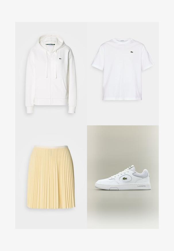 Balta užtrauktuku uždaroma hoodie pagaminta iš minkštos medžiagos, su kapišonu, kengūros kišenėmis ir mažuoju žaliuoju Lacoste logotipu kairėje krūtinės pusėje.; Balta medvilninė marškinė su apvalia iškirpte ir trumpomis rankovėmis. Pirmoje pusėje priklijuotas žalias siuvinėtas logotipas. Minkšta tekstūra, laisvas siluetas.; Šviesiai geltona klostuota sijonas su juosmeniu, kuriame yra Lacoste logotipas. Pagamintas iš lengvos medžiagos, jis turi plazdų dizainą ir sklandžią tekstūrą.; Balti odiniai sportbačiai su tinkliniu akcentu, apvaliu nosiu ir plokščiomis raištelėmis. Ant kulno yra žalias krokodilo logotipas ir "LACOSTE" prekės ženklas.