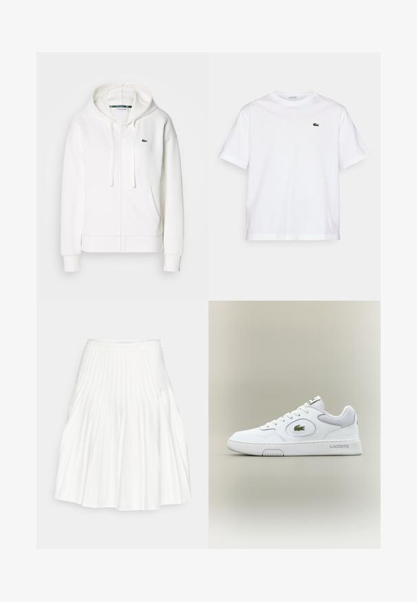 Weißer Reißverschluss-Hoodie aus weichem Stoff, mit Kapuze, Kängurutaschen und einem kleinen grünen Lacoste-Logo auf der linken Brust.; Weißes Baumwoll-T-Shirt mit rundem Halsausschnitt und kurzen Ärmeln. Mit grün gesticktem Logo auf der Brust. Weiche Textur, lässige Passform.; Weißer plissierter Rock mit einem glatten Bund, fließendem Stoff und vertikalen Falten, die Textur und Fülle schaffen.; Weiße Leder Sneaker mit Mesh-Akzenten, runder Zehenpartie und flachen Schnürsenkeln. Mit grünem Krokodil-Logo und "LACOSTE"-Branding an der Ferse.