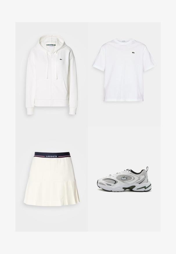 Veste à zip blanche en tissu doux, dotée d'une capuche, de poches kangourou et d'un petit logo vert Lacoste sur la poitrine gauche.; T-shirt en coton blanc avec un col rond et des manches courtes. Présente un logo brodé vert sur la poitrine. Texture douce, coupe décontractée.; Jupe plissée blanche avec une ceinture marine arborant un logo Lacoste et des accents rouges. Fabriquée dans un matériau lisse et doux.; Baskets blanches avec des panneaux en mesh, des accents noirs et une semelle texturée. Présente un design élégant et un logo bien en vue sur le côté.