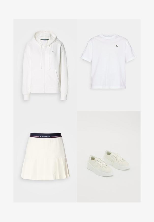 White zip-up hoodie made of soft fabric, featuring a hood, kangaroo pockets, and a small green Lacoste logo on the left chest.; White cotton T-shirt with a round neckline and short sleeves. Features a green embroidered logo on the chest. Soft texture, relaxed fit.; White pleated skirt with a navy waistband featuring a Lacoste logo and red accents. Made from a smooth, soft material.; White low-top sneakers with thick soles and laces, featuring perforated detailing on the sides and toe area, displayed on a white background.