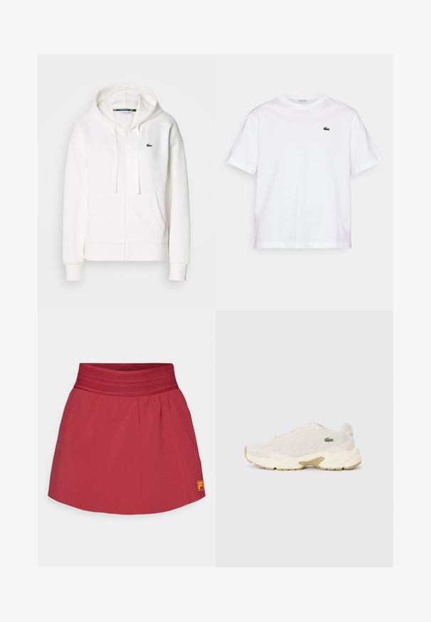 Fehér cipzáras kapucnis pulóver, puha anyagból, kapucnival, kenguru zsebekkel és egy kis zöld Lacoste logóval a bal mellen.; Fehér pamut póló, kerek nyakkivágással és rövid ujjakkal. A mellkason zöld hímzett logóval rendelkezik. Puha tapintású, laza szabású.; Piros sport szoknya széles rugalmas derékkal, könnyű anyagból, gyűrt textúrával, és egy kis narancssárga logóval a jobb alsó sarokban.; Lacoste sportcipő krémszínű hálós felsőrésszel, texturált hullám mintázattal, bézs kiegészítőkkel és diszkrét logóval az oldalon. Vastag fehér középtalp és gumitalp.