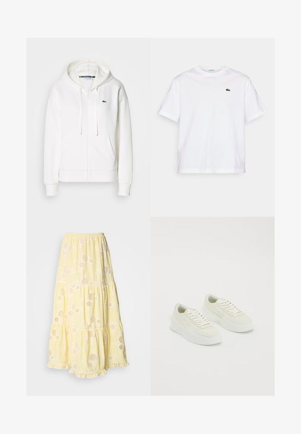 Veste à zip blanche en tissu doux, dotée d'une capuche, de poches kangourou et d'un petit logo vert Lacoste sur la poitrine gauche.; T-shirt en coton blanc avec un col rond et des manches courtes. Présente un logo brodé vert sur la poitrine. Texture douce, coupe décontractée.; Jupe jaune à plusieurs niveaux en tissu léger, ornée de motifs floraux et de découpes circulaires. Taille élastique et bord en dentelle.; Baskets basses blanches avec des semelles épaisses et des lacets, dotées de perforations sur les côtés et la zone des orteils, présentées sur un fond blanc.