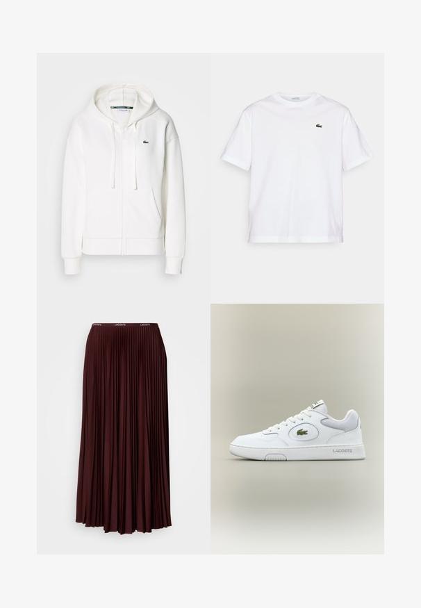 Weißer Reißverschluss-Hoodie aus weichem Stoff, mit Kapuze, Kängurutaschen und einem kleinen grünen Lacoste-Logo auf der linken Brust.; Weißes Baumwoll-T-Shirt mit rundem Halsausschnitt und kurzen Ärmeln. Mit grün gesticktem Logo auf der Brust. Weiche Textur, lässige Passform.; Burgunderfarbene Faltenrock aus weichem Stoff mit elastischem Bund und subtiler Logo-Prägung. Längeres Design mit vertikalen Falten.; Weiße Leder Sneaker mit Mesh-Akzenten, runder Zehenpartie und flachen Schnürsenkeln. Mit grünem Krokodil-Logo und "LACOSTE"-Branding an der Ferse.