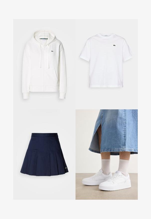 Balta užtrauktuku uždaroma hoodie pagaminta iš minkštos medžiagos, su kapišonu, kengūros kišenėmis ir mažuoju žaliuoju Lacoste logotipu kairėje krūtinės pusėje.; Balta medvilninė marškinė su apvalia iškirpte ir trumpomis rankovėmis. Pirmoje pusėje priklijuotas žalias siuvinėtas logotipas. Minkšta tekstūra, laisvas siluetas.; Tamsiai mėlyna preginta sijonas su prigludusia juosta, pagaminta iš lygios medžiagos. Yra nedidelis Lacoste logotipas ant pakraščio.; Baltos sportinės bateliai su tekstūruota oda, turintys platformos padas, apvalius pirštus ir raištelių sistemą; derinami su šviesiai pilkomis kojinėmis ir džinsiniu sijonu.