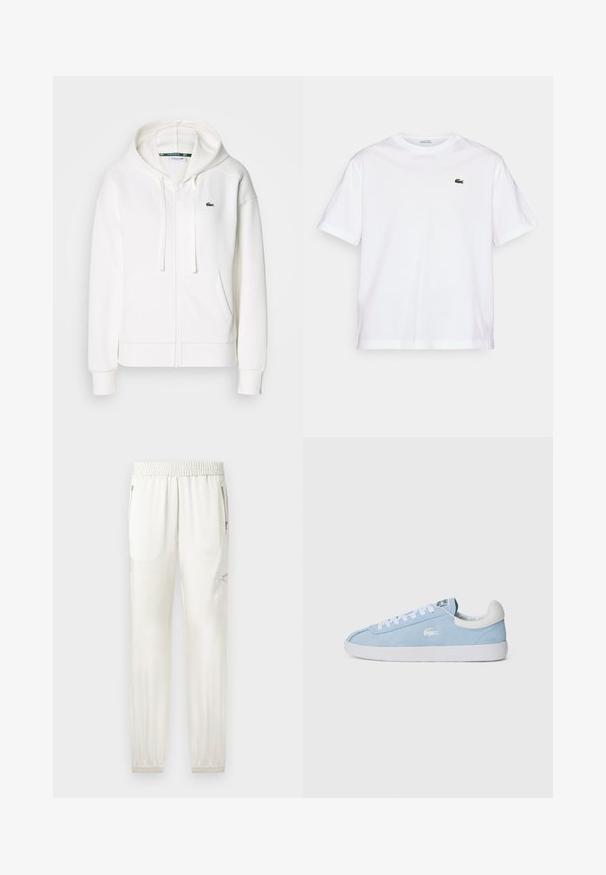 Fehér cipzáras kapucnis pulóver, puha anyagból, kapucnival, kenguru zsebekkel és egy kis zöld Lacoste logóval a bal mellen.; Fehér pamut póló, kerek nyakkivágással és rövid ujjakkal. A mellkason zöld hímzett logóval rendelkezik. Puha tapintású, laza szabású.; Világos krémszínű joggerek rugalmas derékrésszel, szűkítő mandzsettákkal, oldzsebekkel és cipzáros részletekkel. Simább, enyhén fényes szövetfelület.; Világoskék velúrbőrből készült sportcipők fehér fűzőkkel és gumitalppal. Oldalán egy apró ezüst logó található, valamint egy fehér bőr sarkitartó.