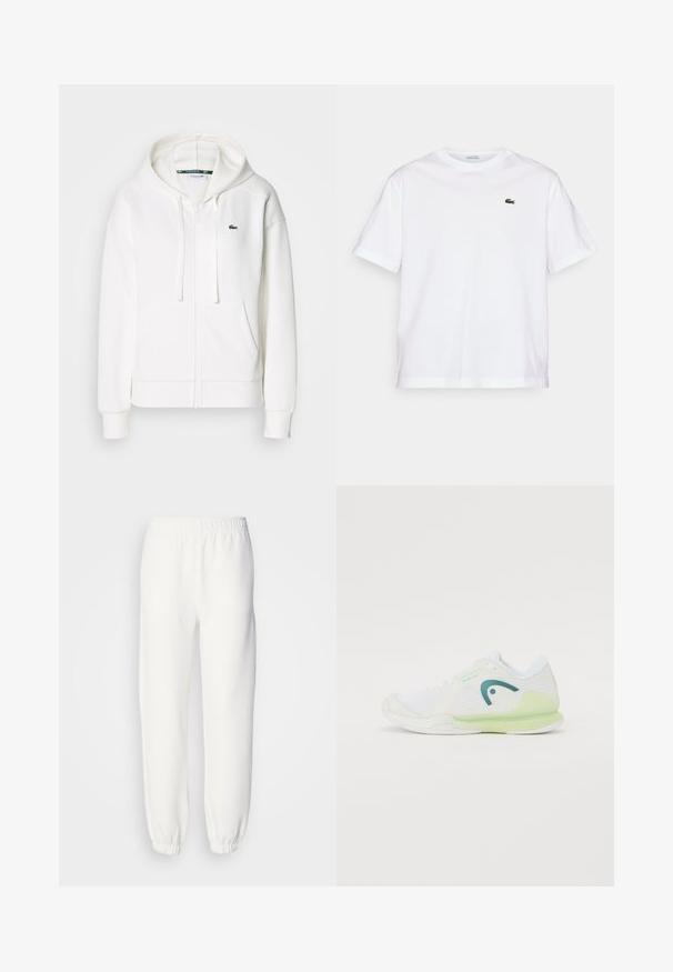 Hvid zip hoodie lavet af blødt stof, med hætte, kængurulommer og et lille grønt Lacoste-logo på venstre bryst.; Hvid bomulds T-shirt med rund halsudskæring og korte ærmer. Har et grønt broderet logo på brystet. Blød tekstur, afslappet pasform.; Hvide sweatpants lavet af blød, strikket stof. Elastisk talje og manchetter giver en afslappet pasform. Minimalistisk design, ingen synlige mønstre eller accenter.; Hvide atletiske sko med mesh overdel og gummisål, fremhævet af en grøn hæl og lyseblå detaljer, med et strømlinet design.