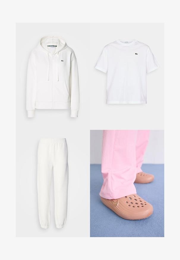 Vit zip-up hoodie gjord av mjukt tyg, med en huva, kängurufickor och en liten grön Lacoste-logga på vänster bröst.; Vitt bomull T-shirt med rund halsringning och korta ärmar. Har en grön broderad logga på bröstet. Mjukt material, avslappnad passform.; Vita sweatpants gjorda av mjukt, stickat tyg. Elastyband i midjan och vid ärmsluten ger en avslappnad passform. Minimalistisk design, utan synliga mönster eller dekorationer.; Nike-sandaler i tan plast med perforeringar, texturerade sidor och en gulddetalj av swoosh-logotypen. Bärs med rosa byxor på ett blått golv.