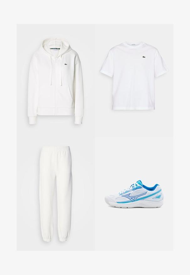 Bílá mikina na zip vyrobená z měkké látky, s kapucí, klokankovými kapsami a malým zeleným logem Lacoste na levé straně hrudi.; Bílý bavlněný tričko s kulatým výstřihem a krátkým rukávem. Na hrudi se nachází zelený vyšitý logo. Měkká textura, uvolněný střih.; Bílé tepláky vyrobené z měkké pleteniny. Elastický pás a manžety zajišťují pohodlný střih. Minimalistický design, žádné viditelné vzory nebo akcenty.; Bílé sportovní boty s modrými akcenty, síťovina a syntetické materiály, zaoblená špička, texturované strany a šněrování.