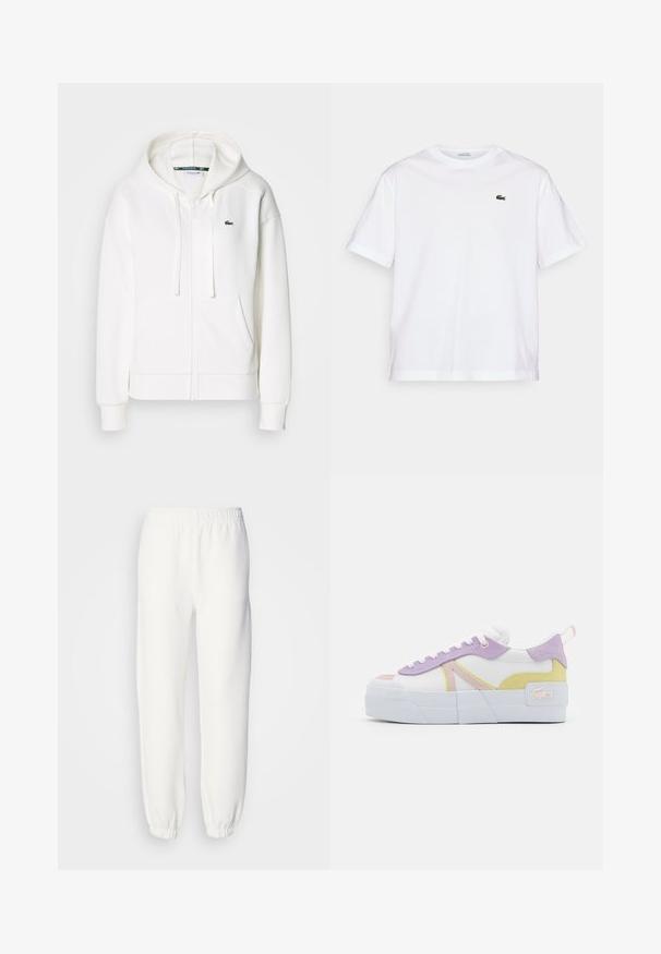 Biała bluza z kapturem na zamek, wykonana z miękkiego materiału, z kapturem, kieszeniami typu kangur i małym zielonym logo Lacoste na lewym piersi.; Biała bawełniana koszulka z okrągłym dekoltem i krótkimi rękawami. Posiada zielone haftowane logo na piersi. Miękka tekstura, luźny krój.; Białe dresy ze softshelowego materiału, z elastycznym pasem i mankietami, które zapewniają luźny krój. Minimalistyczny design, bez widocznych wzorów czy akcentów.; Białe sneakersy z lawendowymi, różowymi i żółtymi akcentami z zamszu, grubą białą platformą oraz naszywką z logo z boku.