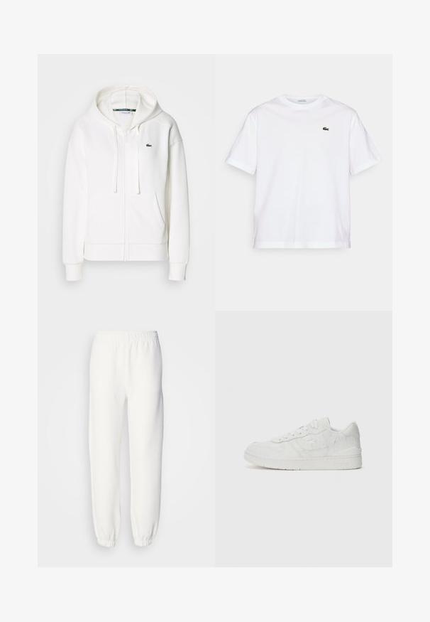 Valge lukuga kapuutsiga dressipluus, mis on valmistatud pehmest kangast. Sellel on kapuuts, konksukotid ja vasakul rinnal väike roheline Lacoste logo.; Valge puuvillane T-särk ümmarguse kaelusega ja lühikeste varrukatega. Rinnal on roheline tikandiga logo. Pehme tekstuur, vabalt langev lõige.; Valged dressipüksid pehmest kootud kangast. Elastne vöökoht ja mansetid tagavad mugava istuvuse. Minimalistlik disain, ilma silmapaistvate mustrite või aktsentideta.; Lacoste T CLIP 125 - Tossud - white