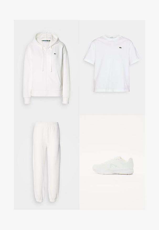Hanorac alb cu fermoar, realizat dintr-un material moale, având glugă, buzunare tip cangur și un mic logo verde Lacoste pe partea stângă a pieptului.; Tricou alb din bumbac, cu gât rotund și mâneci scurte. Prezintă un logo brodat verde pe piept. Textură moale, croială lejeră.; Pantaloni de trening albi dintr-un material tricotat moale. Talie și manșete elastice pentru un confort sporit. Design minimalist, fără modele sau accente vizibile.; Pantof de sport alb, cu parte superioară din plasă, design cu șireturi, vârf rotund și talpă din cauciuc texturată, cu branding minim.