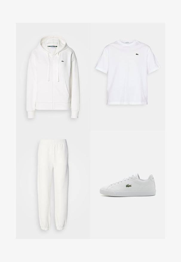 Biely zipsový mikina vyrobená z mäkkej tkaniny, s kapucňou, klokankovými vreckami a malým zeleným logom Lacoste na ľavej hrudi.; Biela bavlnená tričko s okrúhlym výstrihom a krátkymi rukávmi. Obsahuje zelené vyšívané logo na hrudi. Mäkka textúra, voľný strih.; Biele tepláky vyrobené z mäkkej pletenej tkaniny. Elastický pás a manžety zabezpečujú uvoľnené nosenie. Minimalistický dizajn, bez viditeľných vzorov alebo akcentov.; Biele kožené tenisky s okrúhlym špičkou, šnurovacími detailmi, zeleným vyšitým logom krokodíla a textúrovanou gumovou podrážkou.