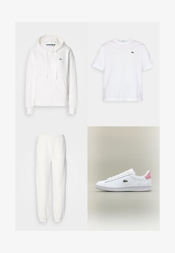 Bílá mikina na zip vyrobená z měkké látky, s kapucí, klokankovými kapsami a malým zeleným logem Lacoste na levé straně hrudi.; Bílý bavlněný tričko s kulatým výstřihem a krátkým rukávem. Na hrudi se nachází zelený vyšitý logo. Měkká textura, uvolněný střih.; Bílé tepláky vyrobené z měkké pleteniny. Elastický pás a manžety zajišťují pohodlný střih. Minimalistický design, žádné viditelné vzory nebo akcenty.; Bílé kožené tenisky s růžovým akcentem na patě, mají zelené logo a šněrovací design. Hladký povrch, zaoblená špička a gumová podrážka.