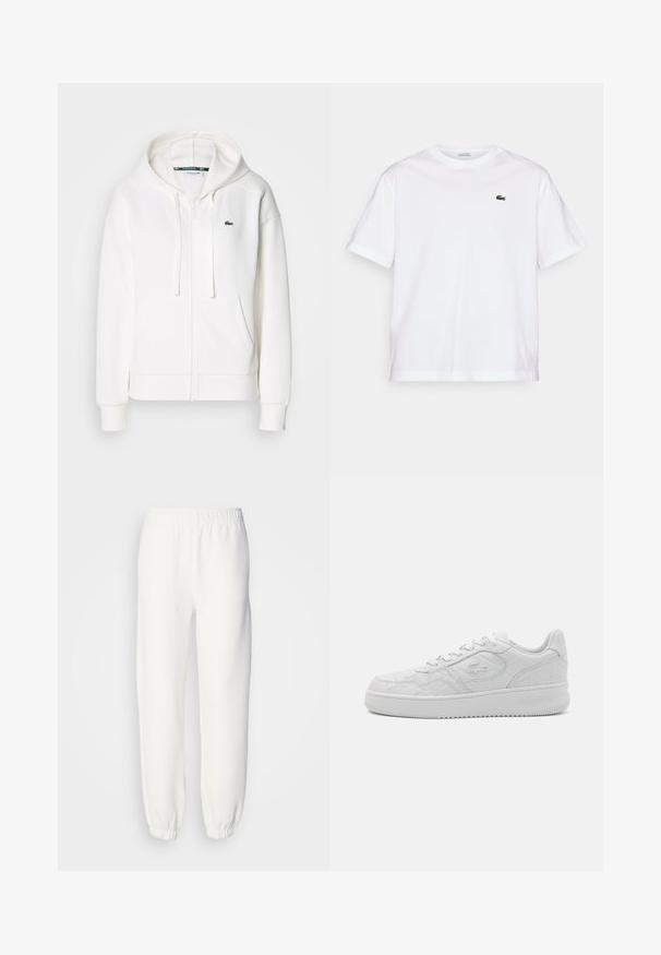 Valge lukuga kapuutsiga dressipluus, mis on valmistatud pehmest kangast. Sellel on kapuuts, konksukotid ja vasakul rinnal väike roheline Lacoste logo.; Valge puuvillane T-särk ümmarguse kaelusega ja lühikeste varrukatega. Rinnal on roheline tikandiga logo. Pehme tekstuur, vabalt langev lõige.; Valged dressipüksid pehmest kootud kangast. Elastne vöökoht ja mansetid tagavad mugava istuvuse. Minimalistlik disain, ilma silmapaistvate mustrite või aktsentideta.; Valged tennisetooted, millel on tekstuuriga pealisosa geomeetriliste mustritega, ümar varvas ja lame kummitald. Lacoste logo on küljele sisse pressitud.