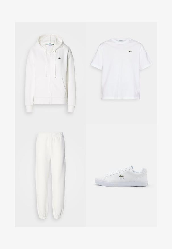 Hvit zip-genser laget av myk stoff, med hette, kenguru-lommer og en liten grønn Lacoste-logo på venstre bryst.; Hvit bomull T-skjorte med rund hals og korte ermer. Har en grønn brodert logo på brystet. Myk tekstur, avslappet passform.; Hvite joggebukser laget av myk, strikket stoff. Elastisk midje og mansjetter gir en avslappet passform. Minimalistisk design, ingen synlige mønstre eller detaljer.; Hvit lær sneakers med lavt design, flat såle og snøring foran. Har en liten grønn krokodillelogo og subtile perforeringer.
