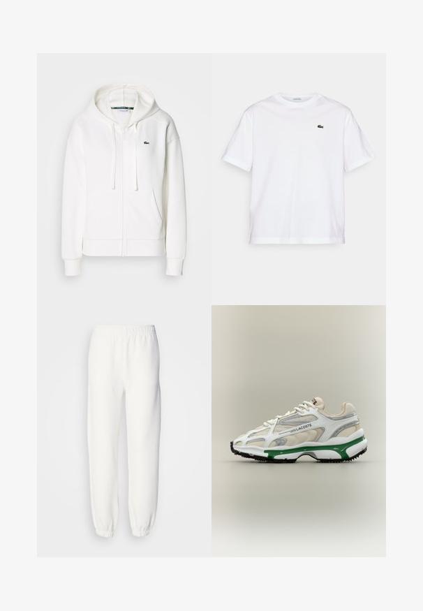 Valge lukuga kapuutsiga dressipluus, mis on valmistatud pehmest kangast. Sellel on kapuuts, konksukotid ja vasakul rinnal väike roheline Lacoste logo.; Valge puuvillane T-särk ümmarguse kaelusega ja lühikeste varrukatega. Rinnal on roheline tikandiga logo. Pehme tekstuur, vabalt langev lõige.; Valged dressipüksid pehmest kootud kangast. Elastne vöökoht ja mansetid tagavad mugava istuvuse. Minimalistlik disain, ilma silmapaistvate mustrite või aktsentideta.; Lacoste'i tennisajal on valge võrkmaterjalist ülaserv, millel on hõbedased ja rohelised aktsendid, tekstuurilised detailid ning must kummist põhi, millel on lilla rõhuasetus.