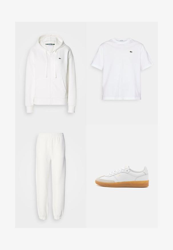 White zip-up hoodie made of soft fabric, featuring a hood, kangaroo pockets, and a small green Lacoste logo on the left chest.; White cotton T-shirt with a round neckline and short sleeves. Features a green embroidered logo on the chest. Soft texture, relaxed fit.; White sweatpants made of soft, knitted fabric. Elastic waistband and cuffs provide a relaxed fit. Minimalist design, no visible patterns or accents.; White leather sneaker with beige suede accents, gum rubber sole, and lace-up design. Features subtle branding in gold.