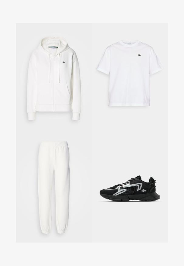 Bela zip-up kapuca iz mehkega materiala, z kapuco, kenguru žepi in majhnim zelenim Lacoste logotipom na levi strani prsnega koša.; Bela bombažna majica s krožno ovratnikom in kratkimi rokavi. Ima zeleno vezeno logo na prsih. Mehka tekstura, sproščen kroj.; Bele trenerke iz mehke pletene tkanine. Elastičen pas in manšete zagotavljajo sproščen fit. Minimalističen dizajn, brez vidnih vzorcev ali poudarkov.; Črne atletske superge s mrežastim in sintetičnim zgornjim delom, srebrnimi detajli, zaokroženim prstom, oblazinjenim ovratnikom in teksturirano podplatom za dober oprijem.