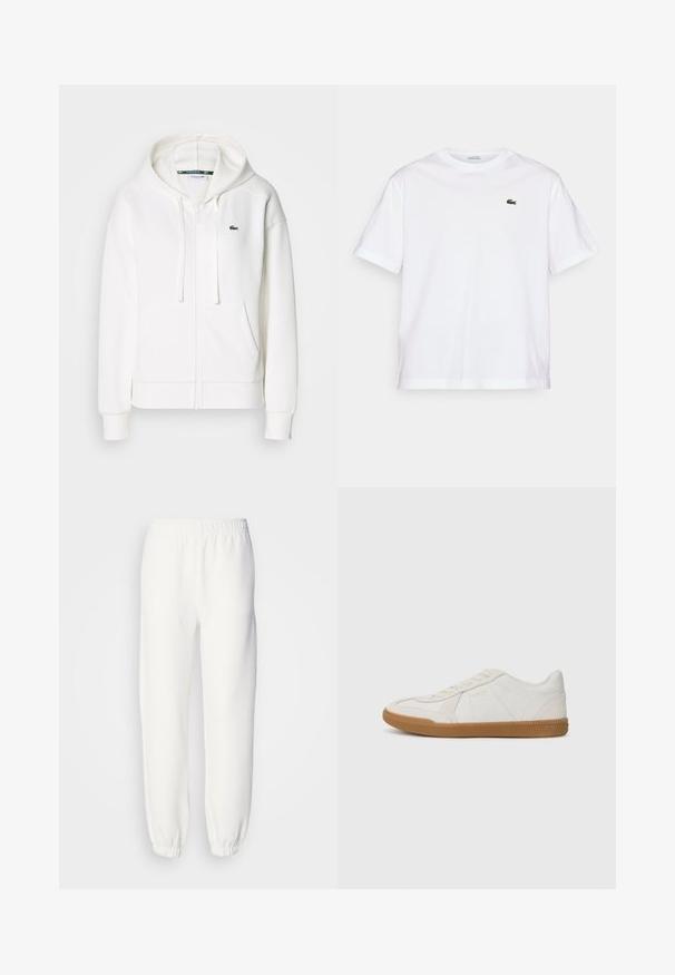 Bílá mikina na zip vyrobená z měkké látky, s kapucí, klokankovými kapsami a malým zeleným logem Lacoste na levé straně hrudi.; Bílý bavlněný tričko s kulatým výstřihem a krátkým rukávem. Na hrudi se nachází zelený vyšitý logo. Měkká textura, uvolněný střih.; Bílé tepláky vyrobené z měkké pleteniny. Elastický pás a manžety zajišťují pohodlný střih. Minimalistický design, žádné viditelné vzory nebo akcenty.; Bílé tenisky s texturovaným koženým svrškem a gumovou podrážkou. Mezi vlastnostmi je šněrovací design a decentní značkové detaily na boku.
