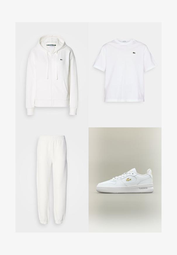 Valkoinen vetoketjuhuppari, joka on valmistettu pehmeästä kankaasta. Tässä hupparissa on huppu, kengurupocketit ja pieni vihreä Lacosten logo vasemmalla rinnalla.; Valkoinen puuvillainen T-paita, jossa on pyöreä pääntie ja lyhyet hihat. Rintataskussa vihreä brodeerattu logo. Pehmeä rakenne, rento istuvuus.; Valkoiset collegehousut, jotka on valmistettu pehmeästä neulottusta kankaasta. Joustava vyötärö ja hihansuut tarjoavat rennon istuvuuden. Minimalistinen muotoilu, ei näkyviä kuvioita tai yksityiskohtia.; Valkoiset matalat Lacoste-tennarit, joissa on kultainen logo sivussa, valkoiset nauhat ja kumipohja neutraalilla taustalla.