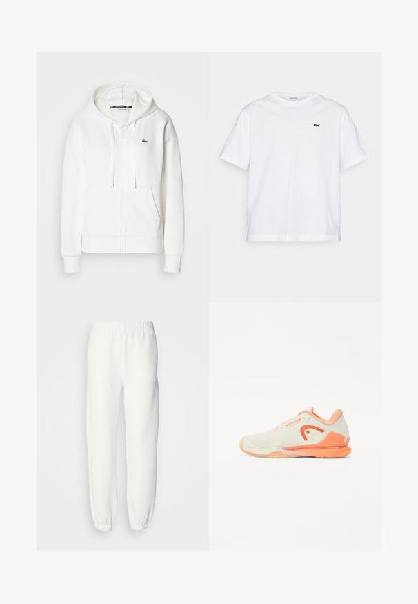 Bela zip-up kapuca iz mehkega materiala, z kapuco, kenguru žepi in majhnim zelenim Lacoste logotipom na levi strani prsnega koša.; Bela bombažna majica s krožno ovratnikom in kratkimi rokavi. Ima zeleno vezeno logo na prsih. Mehka tekstura, sproščen kroj.; Bele trenerke iz mehke pletene tkanine. Elastičen pas in manšete zagotavljajo sproščen fit. Minimalističen dizajn, brez vidnih vzorcev ali poudarkov.; Tenis čevelj v svetli smetani z mrežasto zgornjim delom, breskove akcenti in značilnim logotipom. Ima prožen gumijast podplat za dober oprijem.
