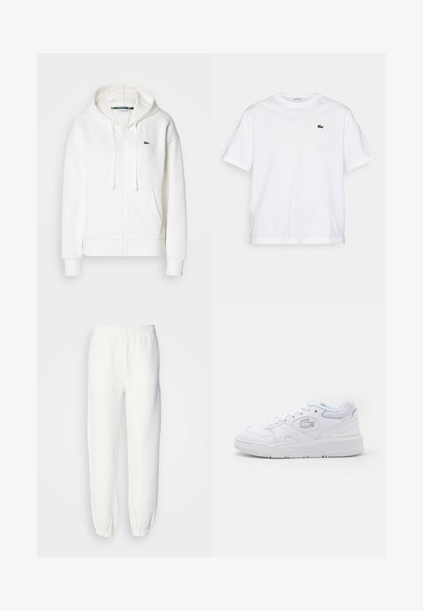 Biała bluza z kapturem na zamek, wykonana z miękkiego materiału, z kapturem, kieszeniami typu kangur i małym zielonym logo Lacoste na lewym piersi.; Biała bawełniana koszulka z okrągłym dekoltem i krótkimi rękawami. Posiada zielone haftowane logo na piersi. Miękka tekstura, luźny krój.; Białe dresy ze softshelowego materiału, z elastycznym pasem i mankietami, które zapewniają luźny krój. Minimalistyczny design, bez widocznych wzorów czy akcentów.; Białe Sneakersy wykonane z gładkiej skóry, z lekko podniesioną podeszwą, perforowanym czubkiem oraz srebrnym logo na boku.