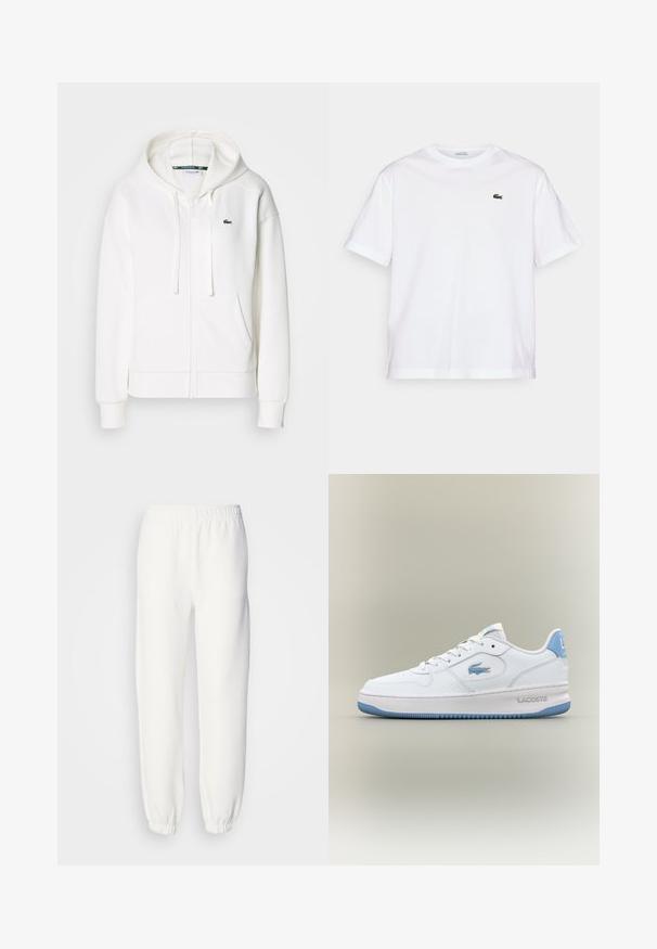 Hvit zip-genser laget av myk stoff, med hette, kenguru-lommer og en liten grønn Lacoste-logo på venstre bryst.; Hvit bomull T-skjorte med rund hals og korte ermer. Har en grønn brodert logo på brystet. Myk tekstur, avslappet passform.; Hvite joggebukser laget av myk, strikket stoff. Elastisk midje og mansjetter gir en avslappet passform. Minimalistisk design, ingen synlige mønstre eller detaljer.; Hvit Lacoste sneakers med lyseblå detaljer, snøring foran, og merket krokodillelogo på siden og hælen, isolert på nøytral bakgrunn.