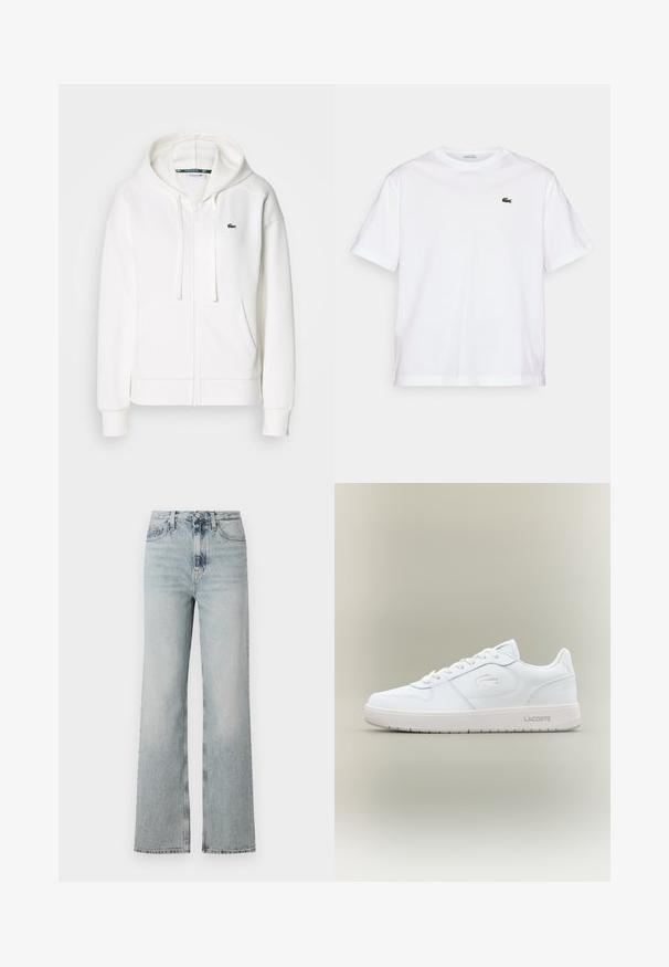 Sweatshirt branca com fecho éclair, feita de um tecido macio, com capuz, bolsos tipo canguru e um pequeno logótipo verde da Lacoste no lado esquerdo do peito.; T-shirt de algodão branco com decote redondo e mangas curtas. Apresenta um logotipo bordado verde no peito. Textura suave, ajuste relaxado.; Jeans de denim azul claro de cintura alta, com uma silhueta de perna larga, apresentando cinco bolsos e um desbotado subtil ao longo do tecido.; Sapatilha branca em couro com um acabamento suave, bico redondo, design de atacadores e um logo em relevo discreto na lateral. Apresenta uma sola de borracha.