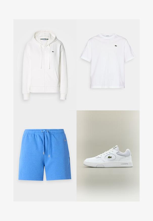 White zip-up hoodie made of soft fabric, featuring a hood, kangaroo pockets, and a small green Lacoste logo on the left chest.; White cotton T-shirt with a round neckline and short sleeves. Features a green embroidered logo on the chest. Soft texture, relaxed fit.; Blue cotton shorts with an elastic waistband, drawstring, and gold-tone hardware. Feature a smooth texture and side pockets.; White leather sneaker with mesh accents, round toe, and flat laces. Features a green crocodile logo and "LACOSTE" branding on the heel.