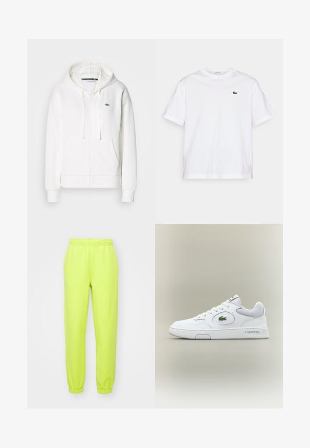 Witte zip-up hoodie gemaakt van zachte stof, met een capuchon, kangoeroezakken en een klein groen Lacoste-logo op de linkerborst.; Witte katoenen T-shirt met een ronde hals en korte mouwen. Bevat een groen geborduurd logo op de borst. Zachte textuur, losse pasvorm.; Neon groene sweatpants met een elastische tailleband, taps toelopende mouwen en een zachte, gladde textuur. Geschikt voor casual kleding of lichaamsbeweging.; Witte leren sneaker met gaasaccenten, ronde neus en platte veters. Kenmerkt zich door een groen krokodillenlogo en "LACOSTE" branding op de hiel.