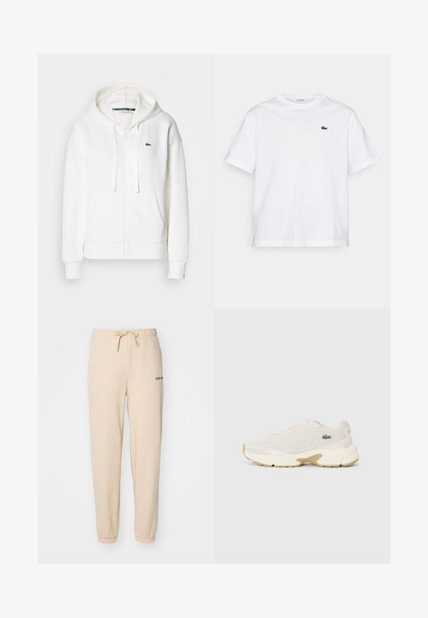 Weißer Reißverschluss-Hoodie aus weichem Stoff, mit Kapuze, Kängurutaschen und einem kleinen grünen Lacoste-Logo auf der linken Brust.; Weißes Baumwoll-T-Shirt mit rundem Halsausschnitt und kurzen Ärmeln. Mit grün gesticktem Logo auf der Brust. Weiche Textur, lässige Passform.; Beige Fleece-Sweatpants mit elastischem Bund, verstellbarem Kordelzug und eng anliegenden Bündchen. Mit kleinem schwarzem Logo an der Seite.; Lacoste Sneaker aus cremfarbenem Mesh-Obermaterial mit strukturiertem Wellenmuster, beigen Akzenten und subtiler Logopräsentation an der Seite. Dicke weiße Zwischensohle und Gummisohle.