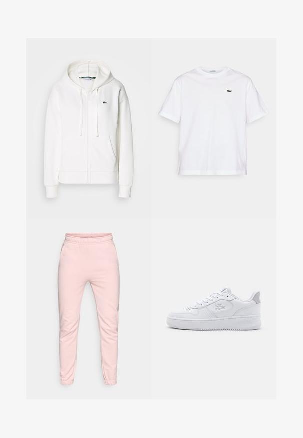Fehér cipzáras kapucnis pulóver, puha anyagból, kapucnival, kenguru zsebekkel és egy kis zöld Lacoste logóval a bal mellen.; Fehér pamut póló, kerek nyakkivágással és rövid ujjakkal. A mellkason zöld hímzett logóval rendelkezik. Puha tapintású, laza szabású.; Világos rózsaszín melegítő nadrág, puha anyagból, rugalmas derékkal, szűkített lábakkal és elasztikus bokákkal. Két oldalsó zsebbel.; Fehér sportcipő sima bőr felsőrésszel, kerek orral és fűzős záródással. Jellemzője a dombornyomott logó és a szürke részlet a sarkán. Lapos gumitalp.